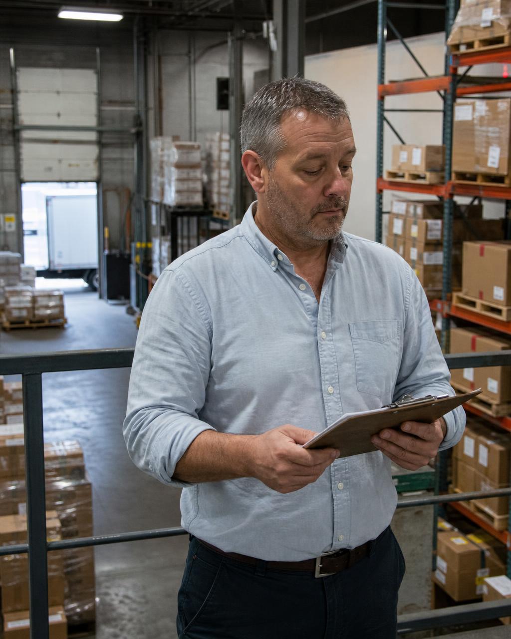 Operations manager reviewing a purchase order on the mezzanine above a distribution warehouse floor